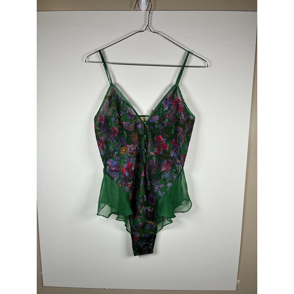 Vintage Victoria’s Secret Gold Label XS/S Green Floral Teddy Chiffon Ruffle 90s